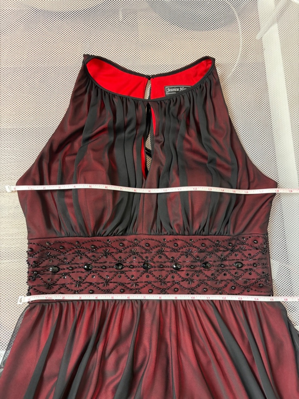 Jessica Howard Red Black Sheer Layered Beaded Waist Cocktail Dress 10 Goth EUC - Picture 12 of 16